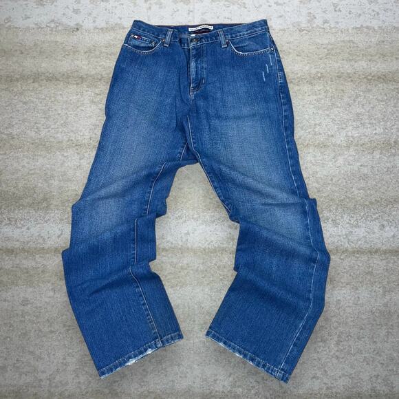 Vintage Y2K Tommy Hilfiger Jeans 34x32 Boyfriend Fit Medium Wash Denim Tan Logo - Picture 2 of 5